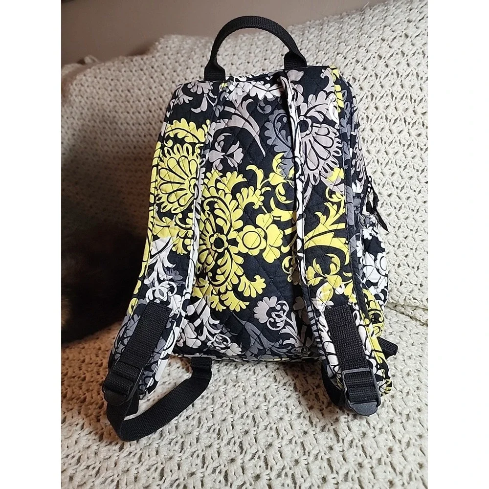 Vera Bradley Backpack Bag Baroque Yellow Black Floral Quilted Pockets Top Handle